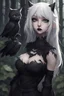 Placeholder: CAT GIRL, goth, forest, nature, cartoon, leaves, half black half white hair, boobs, ravens