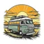 Placeholder: A retro camper van parked by the ocean, nostalgic, carefree, golden hour lighting, T-shirt design graphic, vector, contour, white background.