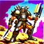 Placeholder: 90's TCG art retro fantasy art of neuclear warrior with huge pauldrons in wasteland