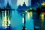 Placeholder: water reflection, sci-fi, retrowave city, lesser ury and konstantin korovin painting