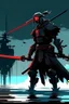 Placeholder: samurai robot in black cloak in a cyberpunk environment and big blood sword anime in sea