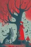 Placeholder: in a cosy vintage style, a witch marvels at a red tree with the big bad wolf watching her