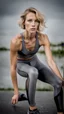 Placeholder: photography of a beautiful anorexic woman, grey satin triathlon top, sports illustrated, blond short wavy bob haircut, pronounced sternum, flat chest, anthracite cycling leggins