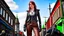 Placeholder: full-height portrait of a woman with straight shoulder-length auburn hair, with metal arms and legs, dressed in leather trousers, and a waistcoat, in a Victorian street next to a steampunk motorbike blue sky