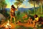 Placeholder: Impressionism, caveman holding a club, cave, cave bear, campfire, stone age, dawn, fine detail, high quality,