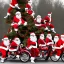 Placeholder: multiple santas driving a motorcycle arround christmass tree