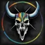 Placeholder: Iconic Pink Floyd's "dark Side of the Moon" album cover but instead it's made for "Danzig", Danzig's bull skull logo, by George Hardie, sinister, devil music, dark color spectrum.