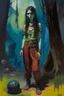 Placeholder: 1970's dark fantasy cover dnd style oil painting of a hobo tarot tall woman gipsy elf with sport outfits with minimalist far perspective. Magazine.