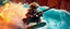Placeholder: pirate shotgun mozart playing with his wig, looking hot and crazy on a surfboard on a big wave, through fire storm and stone, in water slide in fun park