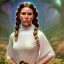 Placeholder: hyperspace background, complete and photo realistic detailed head to waist stunning photo realistic portrait of young carrie fisher as Princess Leia in star wars with photo realistic hairstyle by Mandy Jurgens and mucha and Richard Schmid and chuck close and chie yoshii, extraordinary and detailed ceremony dress of star wars,brown eyes