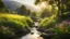 Placeholder: Beautiful realistic rural landscape, warm sunshine, lush plant growth, flowers, human habitation, brook, peaceful, delightful, idyll, award-winning photograph, detail, beautiful composition, attractive colour, chiaroscuro