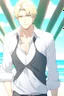 Placeholder: The handsome and perfect portrait is on Spruce Street, anime, blonde-haired and green-eyed male character on the beach for the magazine, 8K resolution, high quality, ultra graphics, and detailed with lines.