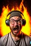 Placeholder: Portrait of a man with a radio helmet on his head. Wearing glasses. A small beard pepper and salt. He is bald. White race. He is a metal fan and screams. Flames surround him.