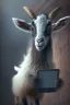 Placeholder: Cute goat holding ipad, dramatic lighting, matte painting, highly detailed, cgsociety, hyperrealistic, --no dof, --ar 2:1