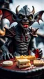 Placeholder: full body portrait of a vampire werewolf gremlin gargoyle eating cheese doodles and the blood of fish on a viking ship, in the style of Giger,bokeh like f/0.8, tilt-shift lens 8k, high detail, smooth render, down-light, unreal engine, prize winning