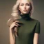 Placeholder: Woman, dark green sweater, brown pants, beautiful face, blond short hair, red headband, eyes different size