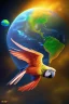 Placeholder: Parrot is flying in the space and is holding the earth in his claws. Surrealism.