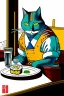 Placeholder: Cat, sitting at a table, eating sushi,perfect iris, ink and pencil, style Tintin