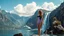 Placeholder: a picturesque natural landscape that includes majestic mountains and a serene countryside. Additionally, incorporate details about a stunning, large waterfall that enhances the beauty of the scene. The output should be structured as a narrative, painting a clear image with rich, descriptive language that evokes the sights and sounds of this beautiful environment water fall falls to a big sea with modern ship in it.a fullbody lady inOne Piece - Athletic Swimsuit