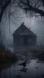 Placeholder: A swamp surrounded by bamboos long trees in cloudy, depressing, foggy, with a dim of light in the distance , there.is an abandoned cottage covered with leaves. A close look of strange scary creature sitting outside the cottage and black crows
