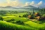 Placeholder: Beautiful Digital Painting art Landscape Indonesia village and islamic Mosque,surrounded rice paddy fields