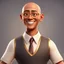 Placeholder: a portrait of smiling man. caricature. bald hair has a bit hair grow. brown skin. black eye pupils. circle eyeglasses with thin gold frame. round face shape. white shirt with black vest. pixar style. 3D. 4k. portrait. highly detailed. sharp focus. high resolution. full color. cinema lighting