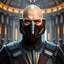 Placeholder: bald male corellian jedi wearing gunmetal grey and black old republic armored flightsuit and breath mask with gold and metallic red trim inside the jedi temple, centered head and shoulders portrait, hyperdetailed, dynamic lighting, hyperdetailed background, 8k resolution, volumetric lighting, light skin, fully symmetric details