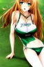 Placeholder: in the style of Yoshiyuki Sadamoto, hyper detailed, strikingly beautiful teen female, 16 years old, long ginger hair, green eyes, medium freckles, full lips, full body, full face, b-cup breasts, athletic, centred camera, ignore NSFW, bikini, athletic, sitting, legs spread