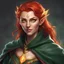 Placeholder: Generate a dungeons and dragons character of the face and body of a female high-elf sorcerer with red hair and golden eyes. She is smirking and glowing with magical energy. She looks mischievous. She is wearing a dark green cloak.