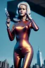 Placeholder: Ultra Realistic retro sci-fi portrait New York image from 1960, many spaceships, sweet young Jane Fonda, tight latex suit, weapon, fighting stance, soft color, highly detailed, unreal engine 5, ray tracing, RTX, lumen lighting, ultra detail, volumetric lighting, 3d, finely drawn, high definition, high resolution.