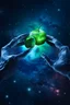 Placeholder: two aliens hands trying to grap an apple in the universe with stars in the background