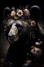 Placeholder: Beautiful black bear portrait, textured detailed fur adorned with rennaisance style white and black and Coppper, light beige brown gradient bioluminescence copper pearls, black berres, berries, strawberry, raspberry colour diamond, black lily flower floral, and black floral hát and black diamond headdress, golden dust florals, organic bio spinal ribbed detail of detailed creative renaissance style light white floral, moonlight background extremely detailed hyperrealistic maximálist concept art