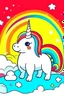 Placeholder: kids illustration, a cute unicorn playing and rainbow in background, cartoon style, thick line, low details, vivid color