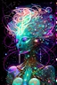 Placeholder: Goddess man of music with holographic images, stars, planets, crescent moon, musical notes, musical notation, particles, all floating around her head and body): iridescent turquoise metal, pink and gold optic fibre hair, robot, electric, neon, nebula, light shards, iridescent galaxy metal, glowing tendrils and threads for hair, electric wires, hair swirling and billowing, lighting effects, neon blue synth wave patterns, by addie digi, pearlescent, digital background, shiny