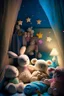 Placeholder: In a cozy child's room, nestled between colorful walls and fluffy pillows, lived a group of enchanting toys who magically came to life each night. Plushie the Sheep, Stardust the Star, Bubbles the Bunny, and Snuggles the Teddy Bear were the best of friends.