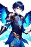 Placeholder: a person in runic armor with blue wings, blue short hair, runic tattoo and spell book, male