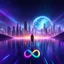 Placeholder: 3D infinity symbol ∞, infinity figure-of-eight symbol is totally-symmetrical and brightly coloured, man silhouette facing epic scene of building, glowing earth, water, network and lights, exotic, inspiring, fantasy, neon, friendly, beautiful, octane render, 8k post-production, artstation: award-winning: atmospheric: commanding: fantastical: clarity: 16k: ultra quality: striking: brilliance: liquid medium: stunning colors: amazing depth; lens: f/8, 28mm