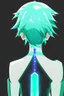 Placeholder: Phosphophyllite Houseki no Kuni on a black background stands with his back but turns to face the screen