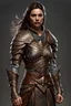Placeholder: full length image of a female warrior, D&D fantasy, she has brown, mid-length hair, she has a serious expression, not wearing make-up. Intricate, highly detailed, photorealistic, artstation, concept art, sharp focus,
