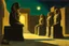 Placeholder: at night in an alley with noctilucent glass sphinxes on both sides, torches, on the desert planet Gliese, perspective, symmetry, vanishing point,by artist "William Merrit Chase"