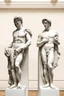 Placeholder: in a modern art display, two famous statues are next to each other, one is David and the other is the Discobulus statue. The discobulus hand covers the private part of David, they both look disgusted at each other