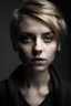 Placeholder: A woman in her 20s, with short dark blonde hair, gray eyes, she has a cold and menacing look in her eyes, her clothes are dark colours and she does not wear dresses