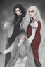 Placeholder: Vampire count Strahd Von Zarovich has long black hair and red eyes, with a woman with white hair