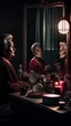 Placeholder: Women old. Makeup. Table with a mirror on it a lot of women makeup products , in front of the mirror sitting an old ugly woman her face is reflected on the mirror in dark misty room with dim light
