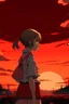 Placeholder: War victim girl anime Ghibli Facing back Red sky Middle point of view