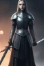 Placeholder: Wednesday Adams, in a black knight armour, holding an ebony sword, protrait, beautiful, high detail, night light, wasteland background