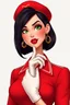 Placeholder: realistic cartoon style image of very feminine, black haired 50 year old sexy German stewardess in red uniform and cap with short pixie cut and strong, seductive makeup, smoky green eyes, shiny white leather gloves, big thick pouty bright red lips and large golden earrings who looks like Jeanna Fine