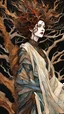 Placeholder: Egon Schiele, Abraham Rattner style abstract expressionist, full body comic book illustration of a pagan druid priestess, bristlecone pine sculpture , dark and dry branches, harmony, intricately detailed, highly detailed facial features, ethereal, elemental, otherworldly, the smell of the ancient essence of eternity in vibrant natural color