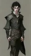 Placeholder: ron koza style, young man elf, he has curly, black hair and sharp cheekbones. His eyes are black. pale skin. He wears fantasy medieval clothes. full body with boots