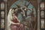 Placeholder: baphomet, attractive woman with head of a goat, holding a human child, chest and neck exposed, virgin mary composition